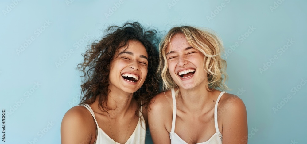 Portrait of a two young multiracial women standing together isolated on blue background.