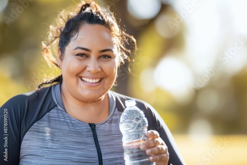 Portrait of smiling young big size sport woman drinking water outdoor. photo