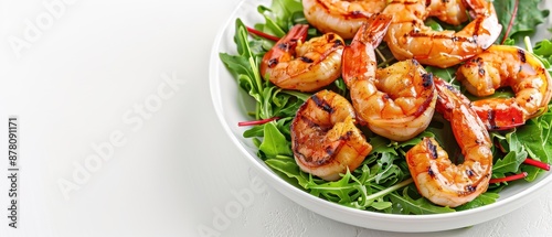 Healthy meal of grilled shrimp with a side of fresh salad, white background with plenty of copy space, vibrant and appetizing, 3D render © Seksan