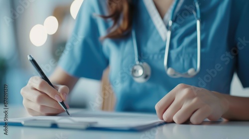 Female doctor filling out a medical insurance claim form, concentrated look, clean and organized clinic background, close-up, Realistic, Photography photo