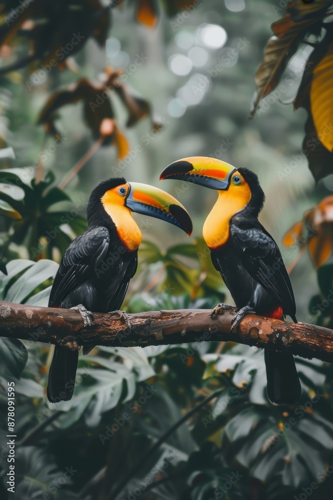 Fototapeta premium A couple of birds atop a tree branch, before a forest dense with numerous leaves
