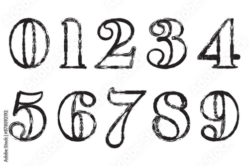 Hand drawn grunge vector numbers. Dirty textured font. Black ink characters isolated on white background. Dirty painted numbers set. Dry brush texture. Typography vector elements