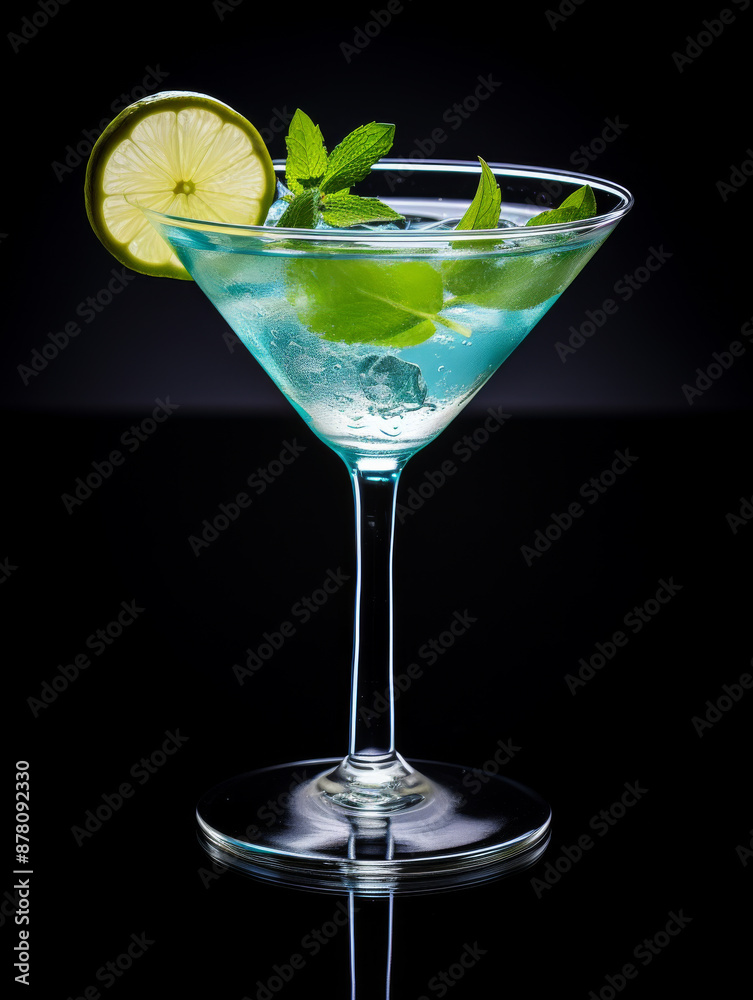 Cocktail with ice cubes and mint leaves garnish Cocktail with ice cubes and mint leaves garnish