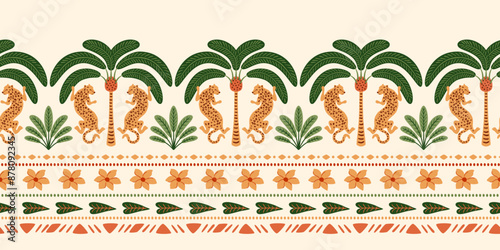 Tropical palm tree and Asian leopard horizontal long seamless border. Cute jungle repeat ethnic oriental ornament, hand drawn wild animal under the coconut Indian decorative design. Vector beach print