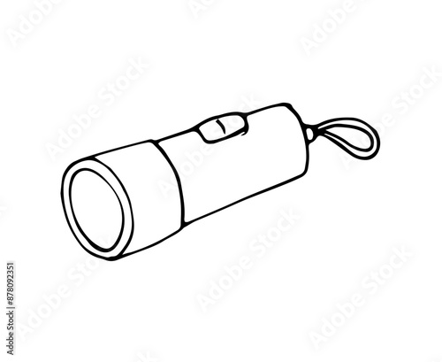 Flashlight in doodle style. Hand-drawn pocket portable lantern. Camping tool. Isolated on white.