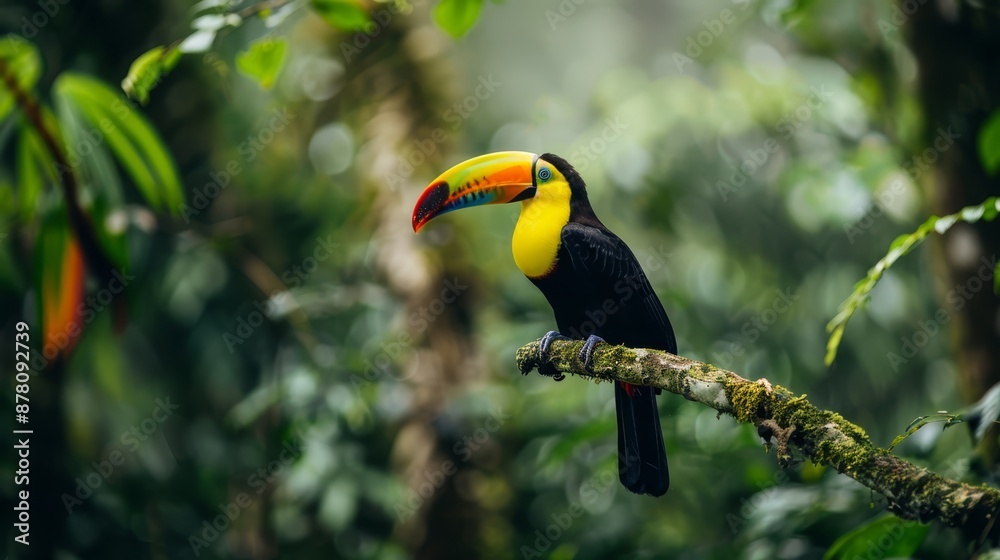A vibrant toucan perches on a tree branch, surrounded by a lush tropical rainforest Green and yellow foliage predominates A vibrant toucan perches on a tree branch, surrounded by a lush tropical rainforest Green and yellow foliage predominates