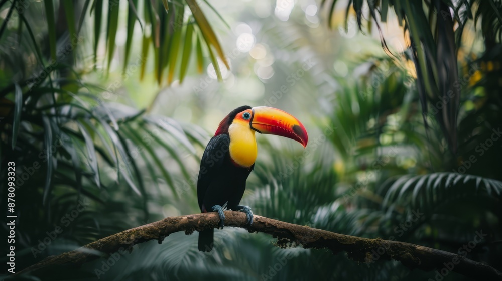 A toucan, colored vividly, perches on a palm branch in a lush tropical forest, teeming with greenery A toucan, colored vividly, perches on a palm branch in a lush tropical forest, teeming with greenery