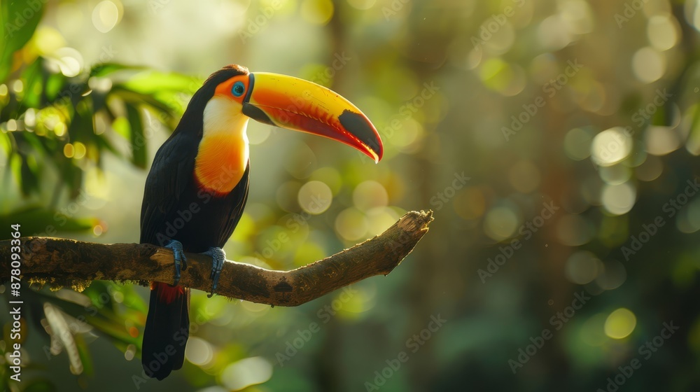 A vibrant toucan perches on a leafy branch against a backdrop of sunlit trees A vibrant toucan perches on a leafy branch against a backdrop of sunlit trees