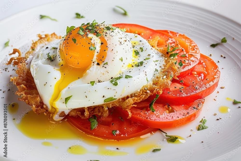 Luxurious Deep Fried Poached Egg Over Heirloom Tomato with a Peppery Olive Oil Drizzle Luxurious Deep Fried Poached Egg Over Heirloom Tomato with a Peppery Olive Oil Drizzle