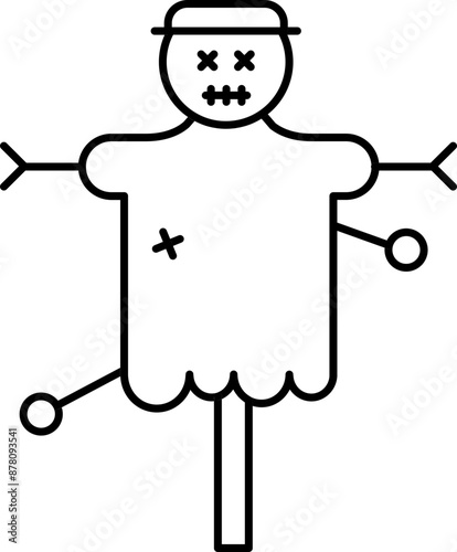 Black Line Art Voodoo Doll Icon in Flat Style.