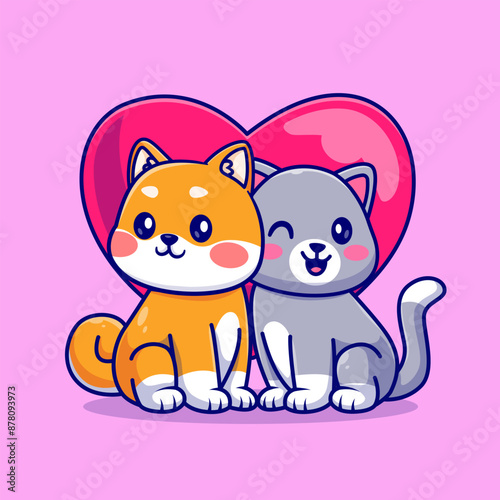 Cute Couple Shiba Inu Dog And Cat In Love Heart Cartoon 
Vector Icon Illustration. Animal Love Icon Concept Isolated
Premium Vector. Flat Cartoon Style