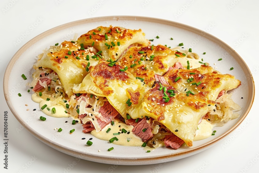 Flavorful Reuben Pierogies with Crispy Corned Beef and Artful Garnishes Flavorful Reuben Pierogies with Crispy Corned Beef and Artful Garnishes