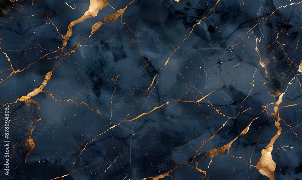 navy marble texture background with cracked gold details, Generative AI