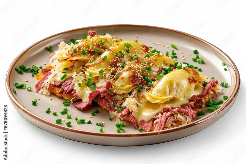 Yummy Deep-Dish Reuben Pierogies with Gooey Melted Swiss and Mozzarella Yummy Deep-Dish Reuben Pierogies with Gooey Melted Swiss and Mozzarella