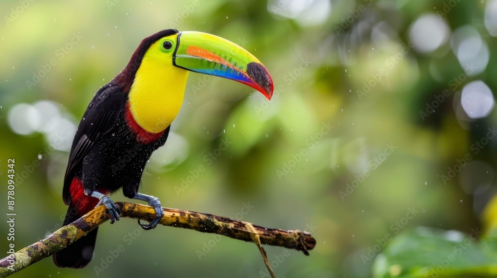 Fototapeta premium A toucan in vibrant colors perches on a tree branch during the rain Surrounding are trees and leaves with a soft, blurred backdrop