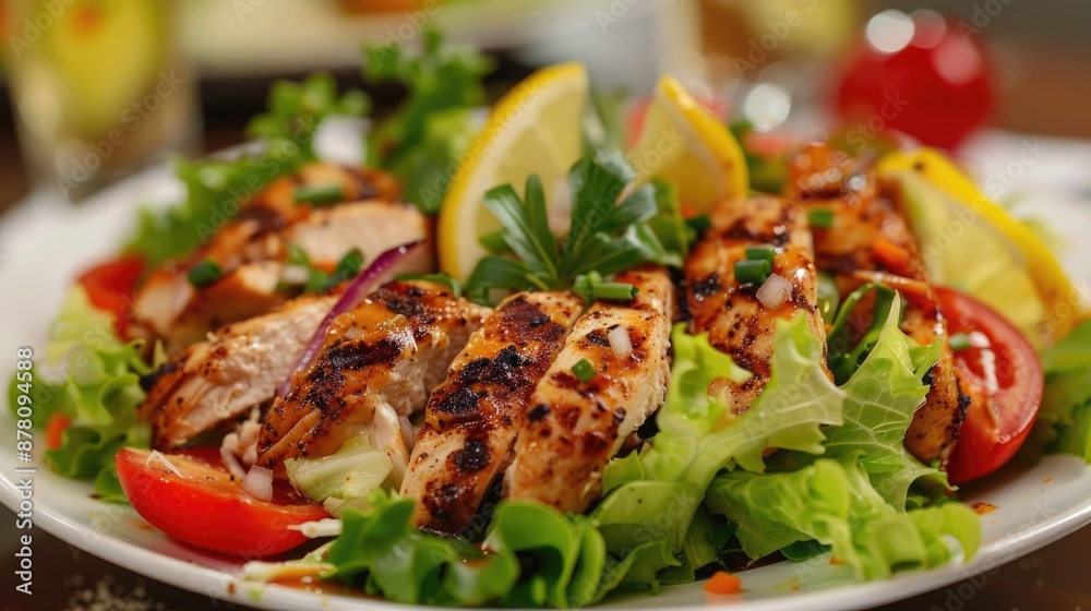 Fresh and Healthy Chicken Salad with Vegetables on Table Fresh and Healthy Chicken Salad with Vegetables on Table