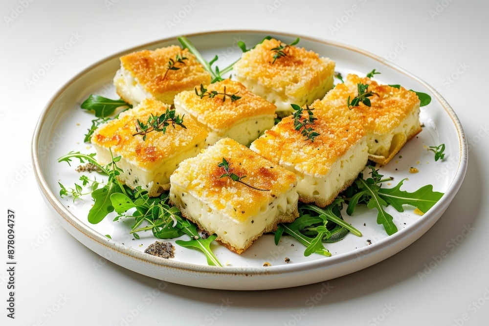 Deep-Fried Gruyere and Emmentaler Cheese Squares on Arugula with Aromatic Truffle Oil Drizzle
