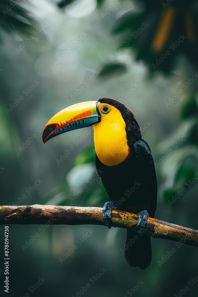 A towering toucan perches on a verdant branch against a backdrop of lush green foliage and an indistinct, softened sky A towering toucan perches on a verdant branch against a backdrop of lush green foliage and an indistinct, softened sky