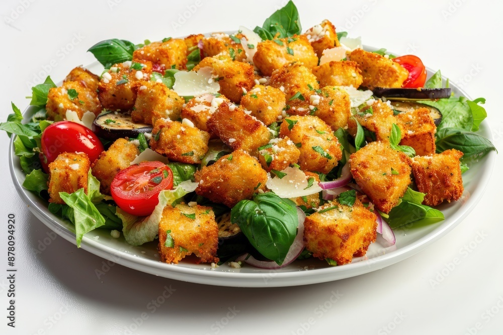 Fototapeta premium Wholesome Eggplant Crouton Salad with Cherry Tomatoes and Parmesan