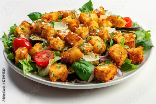 Wholesome Eggplant Crouton Salad with Cherry Tomatoes and Parmesan