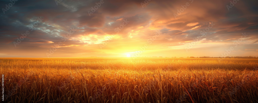 Fototapeta premium The evening sun sets over a golden wheat field.