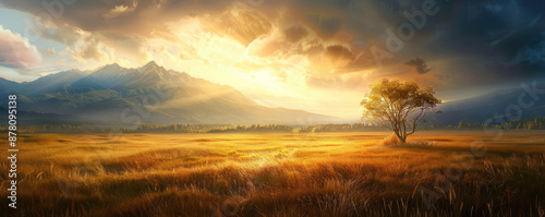 The image is a beautiful landscape of a field of wheat at sunset