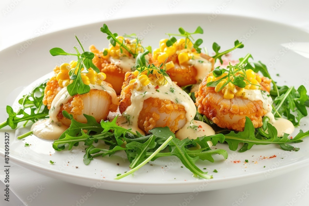 Tantalizing Deep-Fried Scallops Oscar on Arugula Bed Tantalizing Deep-Fried Scallops Oscar on Arugula Bed
