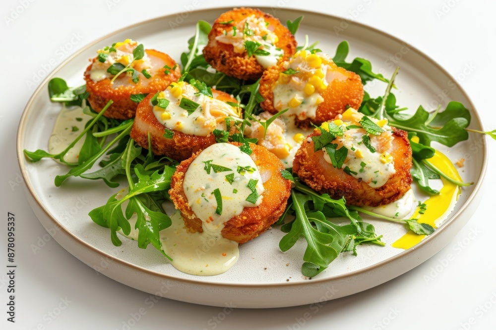 Elegant Deep-Fried Scallops with Oscar Sauce and Corn Cream Elegant Deep-Fried Scallops with Oscar Sauce and Corn Cream