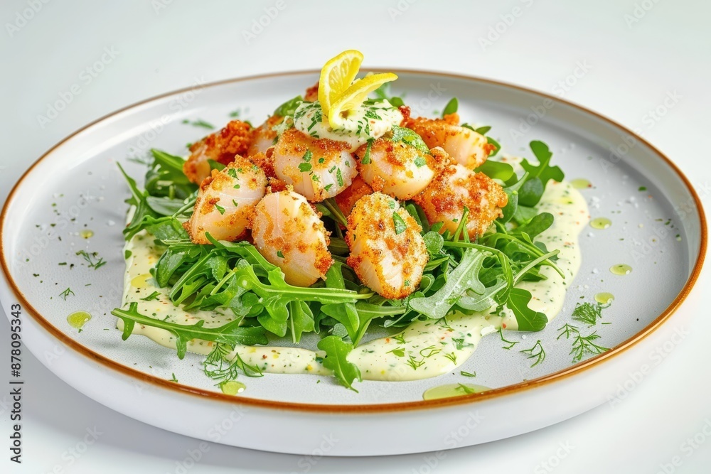Delectable Deep-Fried Scallops Oscar on Arugula Delectable Deep-Fried Scallops Oscar on Arugula