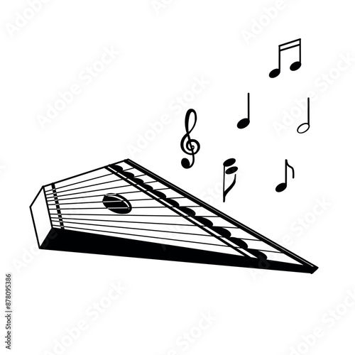 Gusli and notes, melody, folk musical instrument. Vector illustration. All objects are hand-drawn in black in vector. Suitable for printing on invitations, posters, tickets.