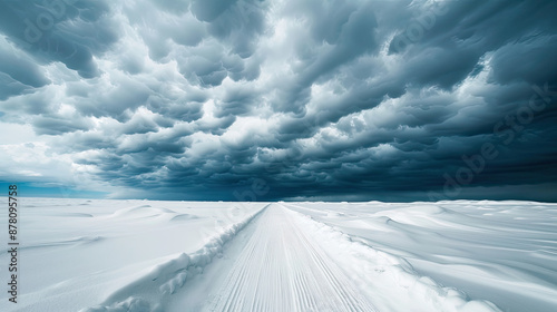 The road in the middle of snow field under the cloudy sky