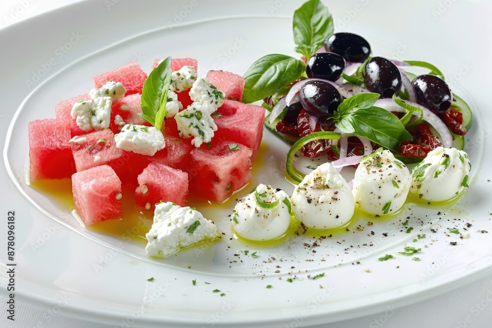Summery Watermelon Salad with Goat Cheese and Sun-Dried Tomatoes Summery Watermelon Salad with Goat Cheese and Sun-Dried Tomatoes