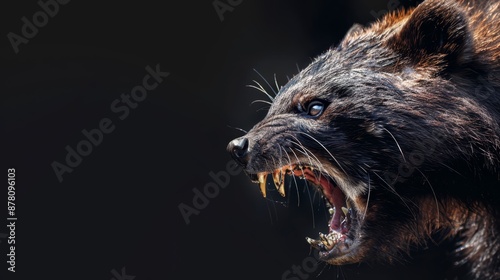  A tight shot of a bear's open maw, displaying its widened teeth photo