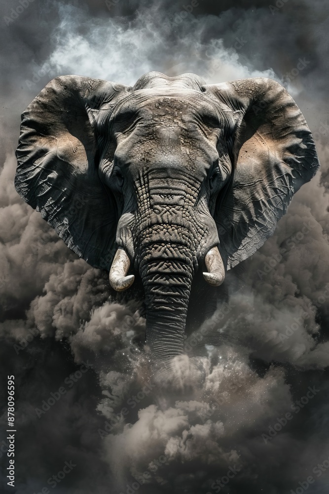 Fototapeta premium An elephant amidst a sky filled with clouds, surrounded by dark clouds in the background