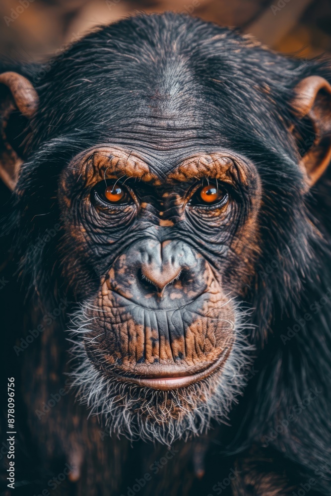  A tight shot of a monkey's face with orange-hued eyes