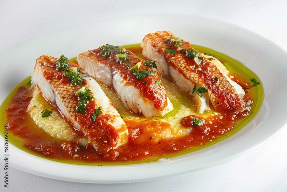 Gourmet Red Snapper in Tomato Sauce on Polenta with Fresh Herbs Gourmet Red Snapper in Tomato Sauce on Polenta with Fresh Herbs