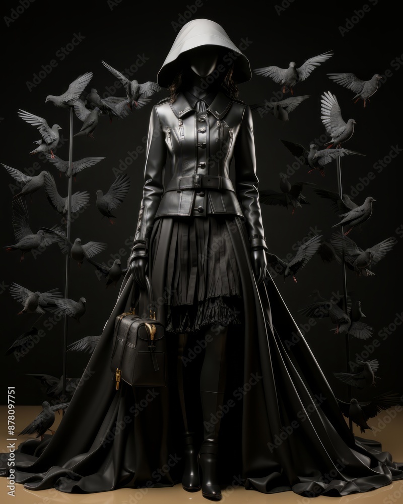 Obraz premium A woman wearing a onepiece garment in black, with a matching hat, is surrounded by birds, showcasing a creative arts inspired fashion design