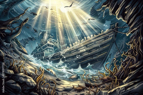 Sunken ship in the deep blue sea with schools of fish swimming around photo