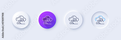 Co2 gas line icon. Neumorphic, Purple gradient, 3d pin buttons. Carbon dioxide emissions sign. Exhaust reduction symbol. Line icons. Neumorphic buttons with outline signs. Vector