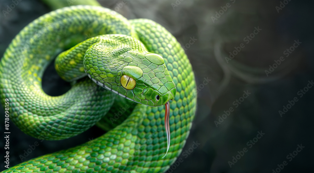 Obraz premium A green snake with yellow eyes. New Year 2025 symbol