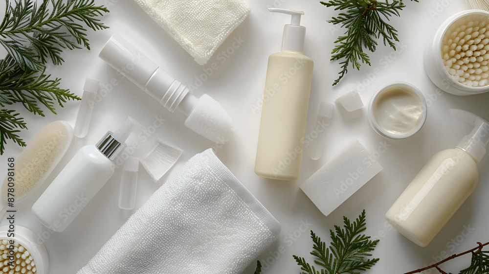 Elegant Arrangement of Personal Care Products on White Background Elegant Arrangement of Personal Care Products on White Background