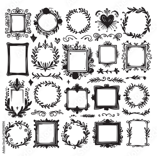 Set of nine ornate black and white frames silhouette vector