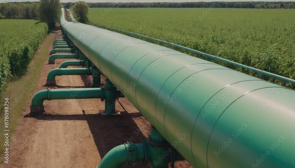 A long, green pipeline traverses a lush green field, representing the transportation of essential resources like water or gas A long, green pipeline traverses a lush green field, representing the transportation of essential resources like water or gas