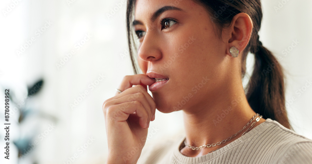 Woman, house and anxiety with biting nails for thinking or stress or crisis with problem solving. Female person, home and worried or nervous as student for exam or test results with panic or fear Woman, house and anxiety with biting nails for thinking or stress or crisis with problem solving. Female person, home and worried or nervous as student for exam or test results with panic or fear