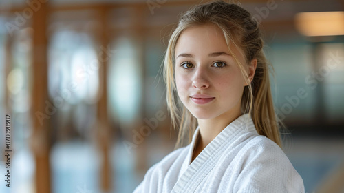 Young beautiful girl karateka in kimono