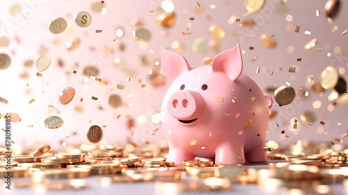 Piggy bank amidst a shower of coins, wealth accumulation, financial growth