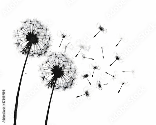Dandelion flowers flying in the wind, vector illustration on a white background, simple design with simple lines in a flat style, vector art in the style of a simple clip art, using simple shapes with