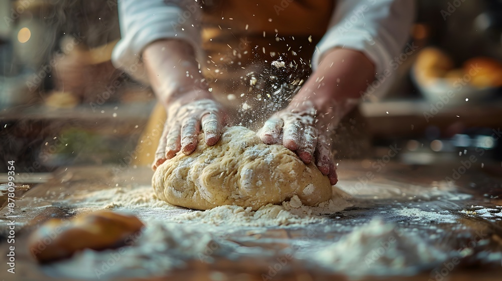 Close-up of hands kneading dough with flour flying in the air. Close-up of hands kneading dough with flour flying in the air.