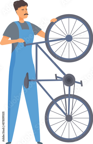 Bike mechanic in blue overalls is holding a bicycle upside down, preparing to perform maintenance or repairs