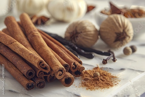 A collection of baking spices including cinnamon sticks, vanilla beans, and nutmeg on a white countertop. photo